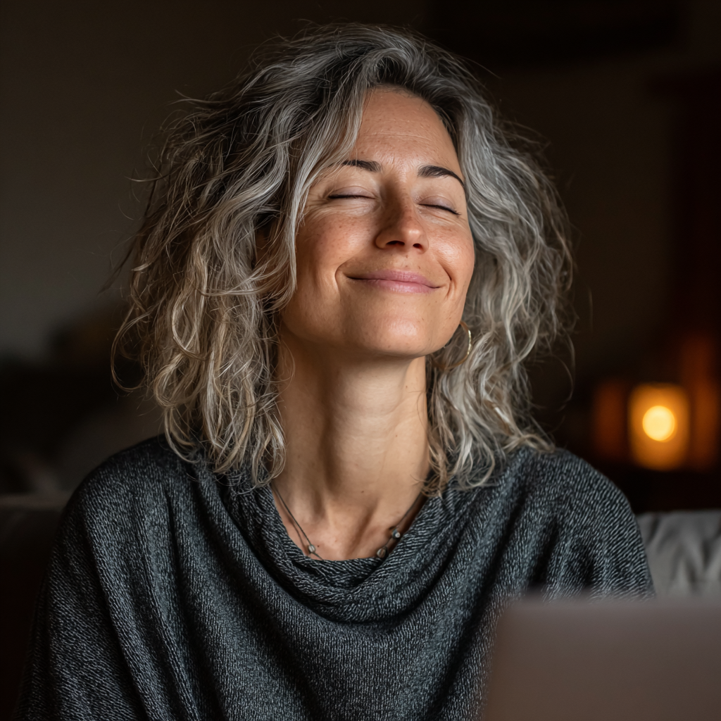 Mujer de 52 años participando en una clase de yoga online desde su hogar, siguiendo instrucciones en su computadora con una sonrisa serena