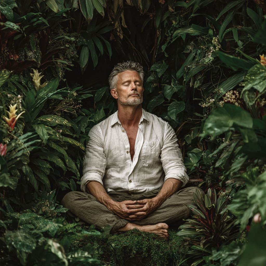 Hombre de 58 años meditando serenamente en un jardín natural, rodeado de plantas verdes y flores, expresando paz interior