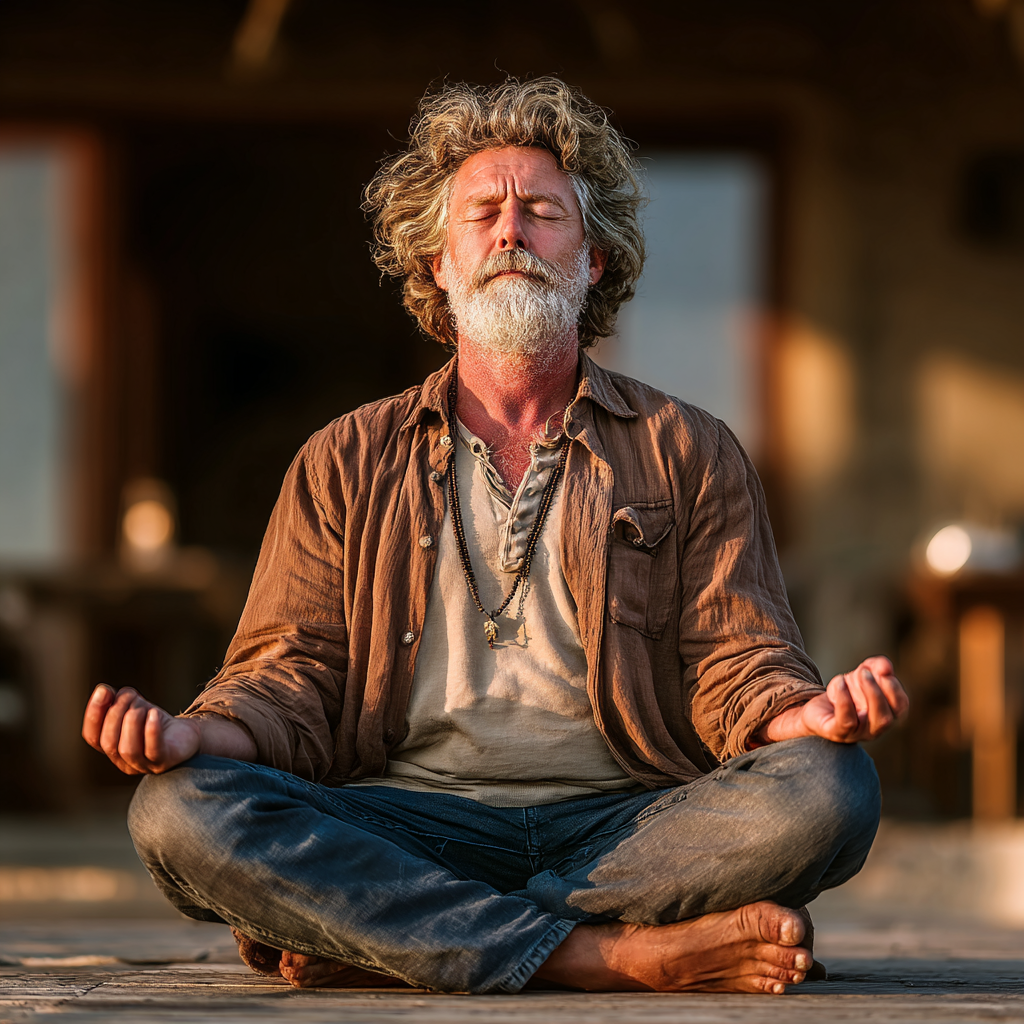 Hombre de 60 años practicando ejercicios de respiración en posición de loto, con los ojos cerrados y expresión de profunda concentración y paz